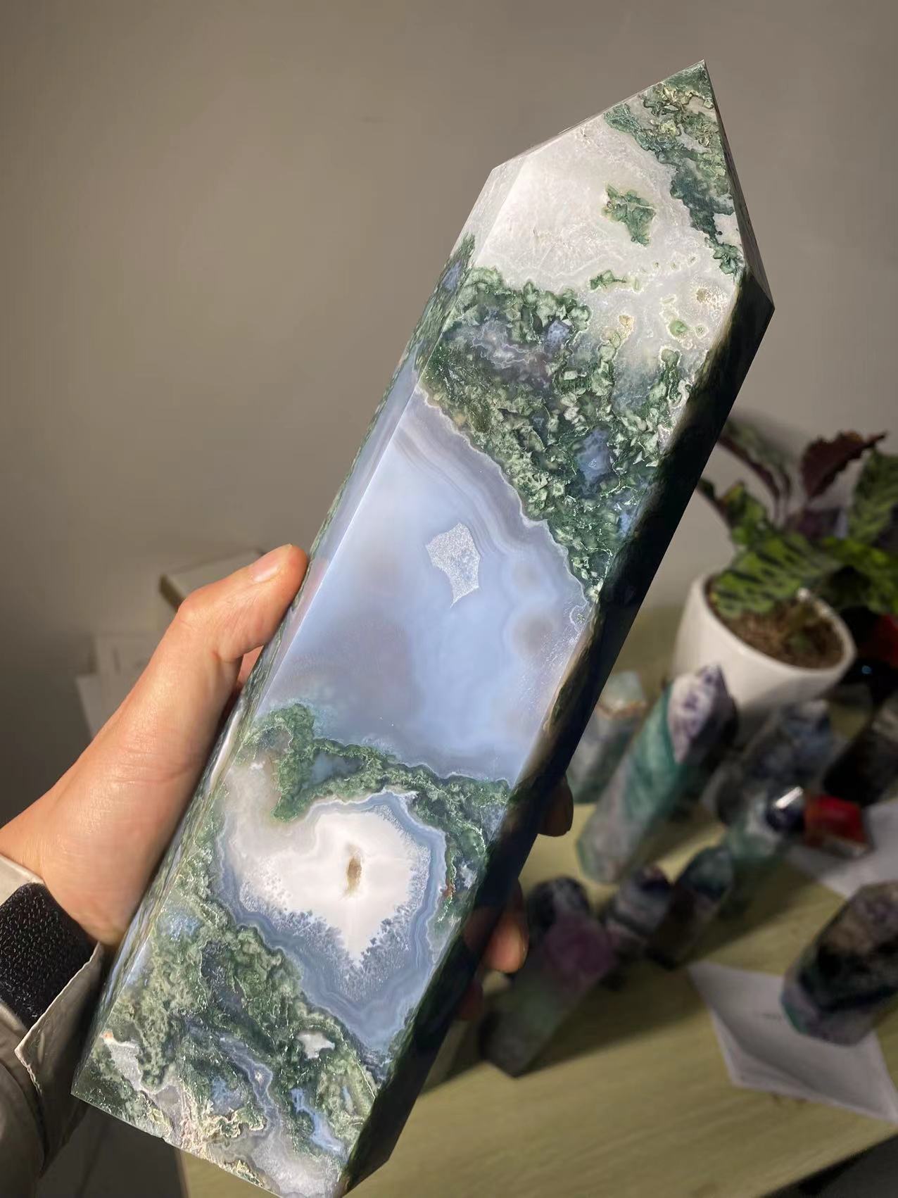 Natural Large Moss Agate Crystal Tower